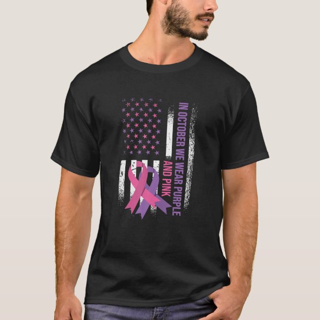 Camiseta Cáncer de mama con bandera estadounidense y violen (Anverso)