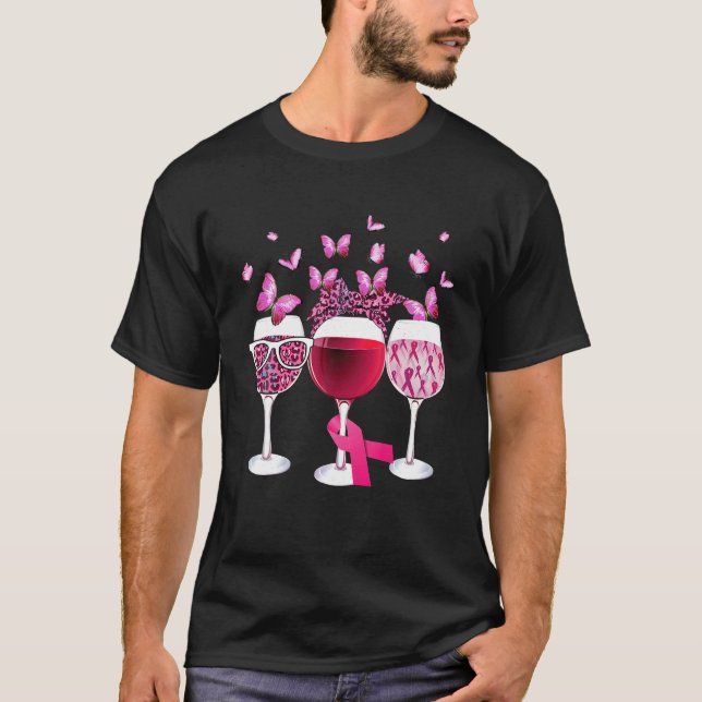 Camiseta Cáncer de mama con mariposa de vidrio de lazo rosa (Anverso)