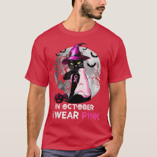 Camiseta Cáncer De Mama De Gato Negro En Octubre Yo Uso Hal