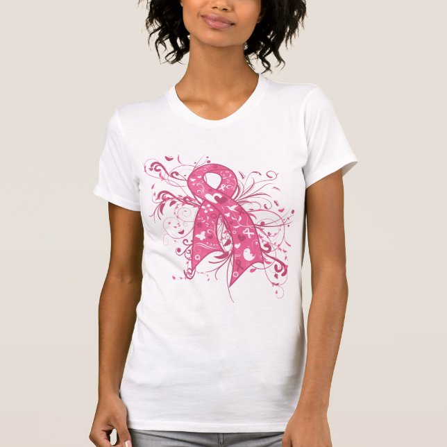 Camiseta Cáncer De Mama Pink Floral Ribrl Swirl (Anverso)