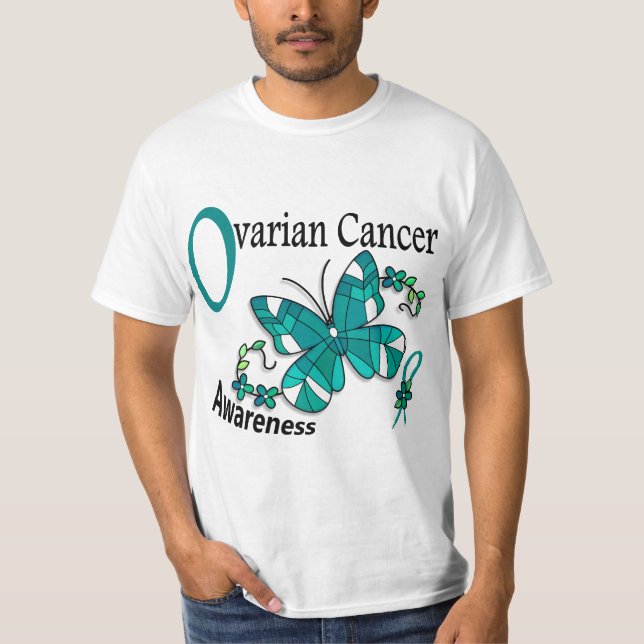 Camiseta Cáncer ovárico de la mariposa 2 del vitral (Anverso)