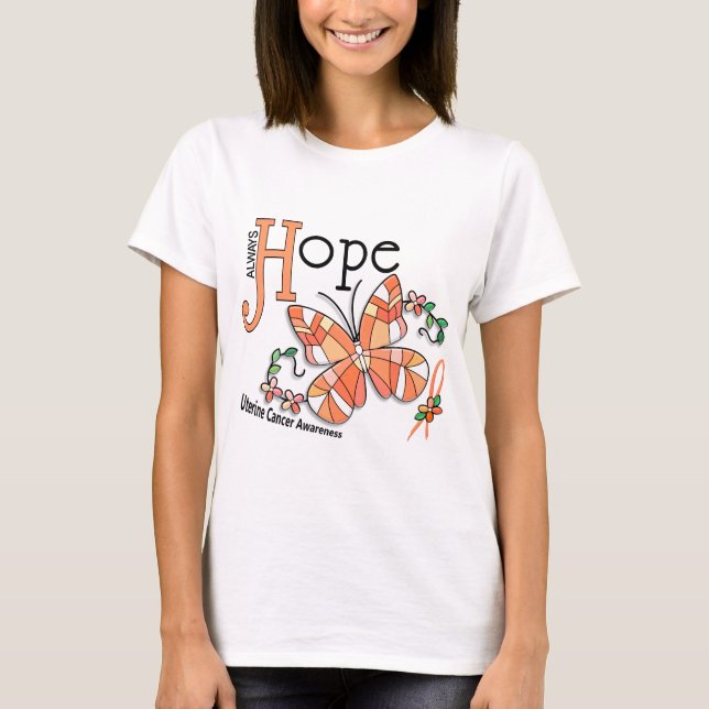 Camiseta Cáncer uterino de la mariposa del vitral (Anverso)