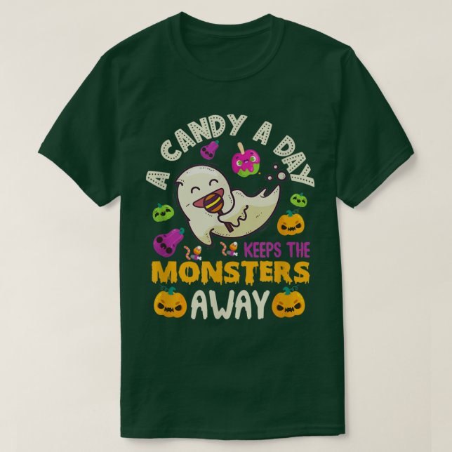 Camiseta Candy A Day Keeps Monsters Away Funny Halloween Pa (Diseño del anverso)