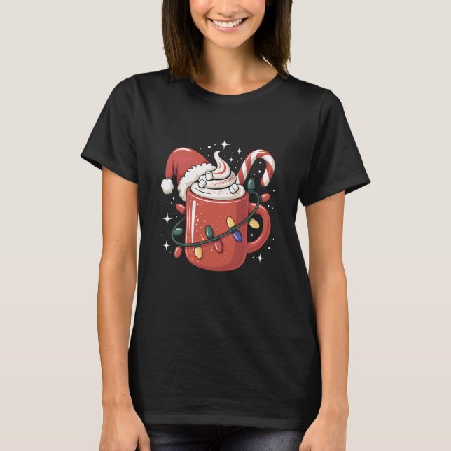 Camiseta Candy Cane Cocoa Mug Christmas Lights Santa Hat Ki (Anverso)