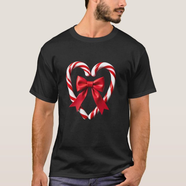 Camiseta Candy Cane Heart with Pom Poms and Red Bow Fun Des (Anverso)