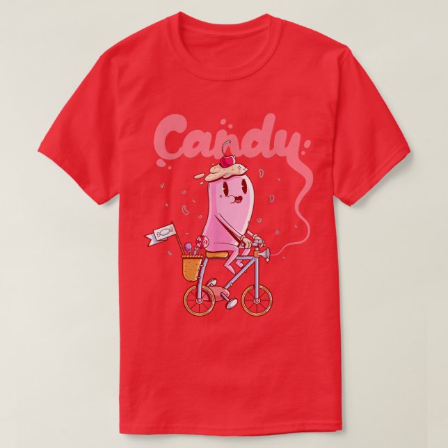 Camiseta Candy gracioso en una bicicleta (Diseño del anverso)