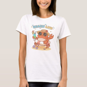 Camiseta Cangrejo de Playa Relajada - Bebida Tropical Kawai