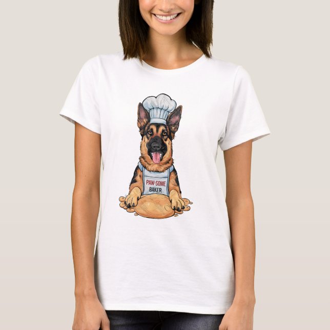 Camiseta Canina culinaria: Pastor alemán panadero con pan (Anverso)