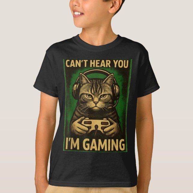 Camiseta Can't Hear You I'm Gaming Funny Gamer Cat Playing  (Anverso)