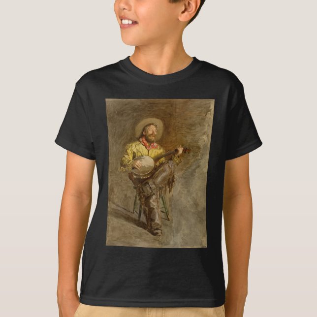 Camiseta Cantando Cowboy Español con Banjo Jugando Canción  (Anverso)