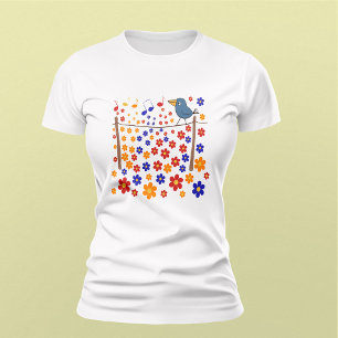 Camiseta Canto de pájaro rodeado de notas musicales y flore
