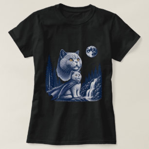 Camiseta Capa de gato místico, bosque iluminado por la luna