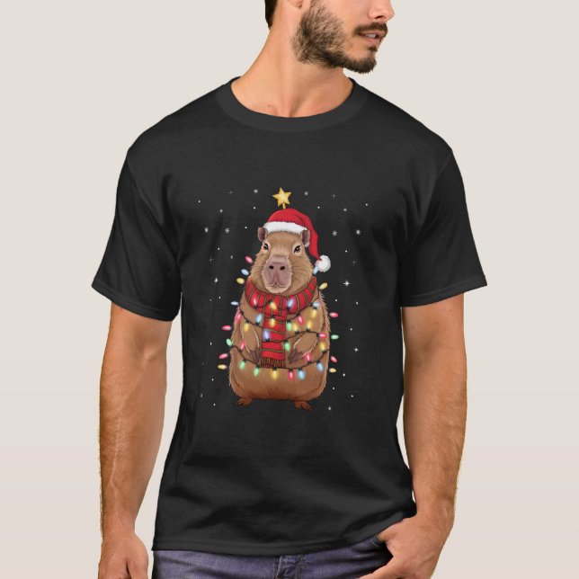 Camiseta Capibara Con Santa Hat Xmas Ilumina Árbol (Anverso)