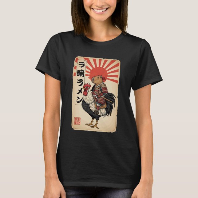 Camiseta Capibara Gallo Pollo Samurái Japonés Antiguo  (Anverso)