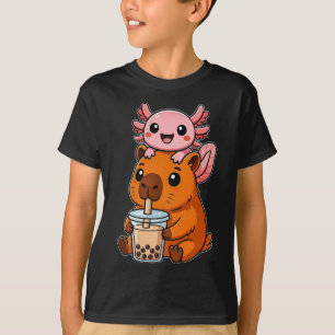 Camiseta Capibara y Ajolote Kawaii Bebiendo Té de Boba