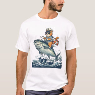 Camiseta Capitán Gato montando atún gigante divertido diseñ