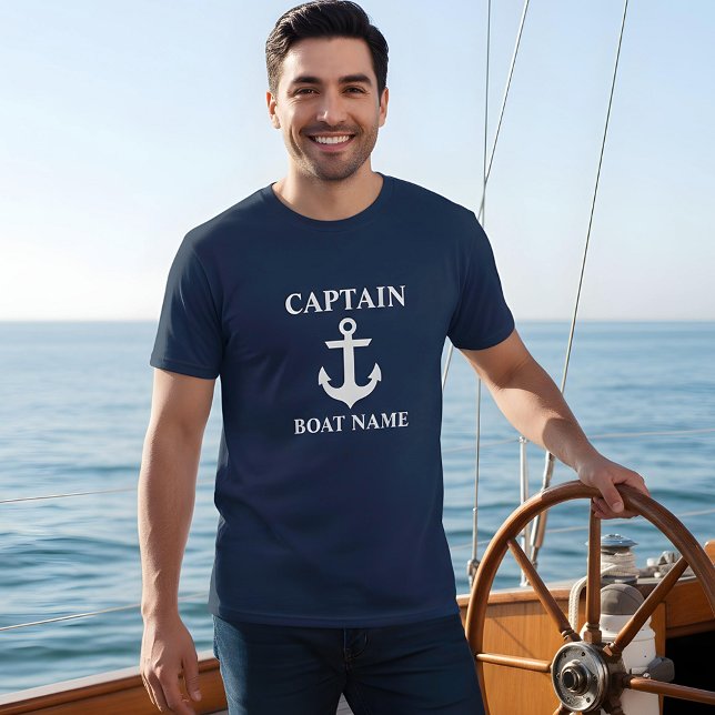 Camiseta Capitán Náutico Nombre de barco Anchor Azul (Customize to change text size. Choose from a variety of shirt colors and styles.)
