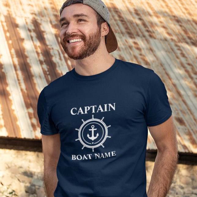 Camiseta Capitán Náutico Nombre de barco Anchor Rope Helm (Customize to change text size. Choose from a variety of shirt colors and styles.)