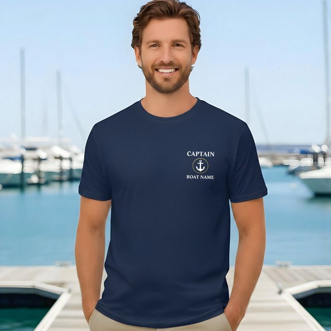 Camiseta Capitán Nombre del barco Anclaje Náutico Oro Azul (Customize to change text size. Choose from a variety of shirt colors and styles.)