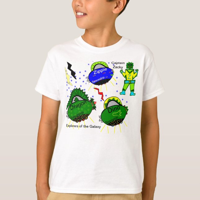 Camiseta Capitán Zacky Blue Fish Dragon Dino Spaceships (Anverso)