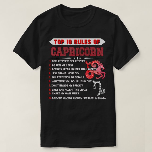 Camiseta capricornio Zodiac Cumpleaños 10 Reglas de Caprico (Diseño del anverso)