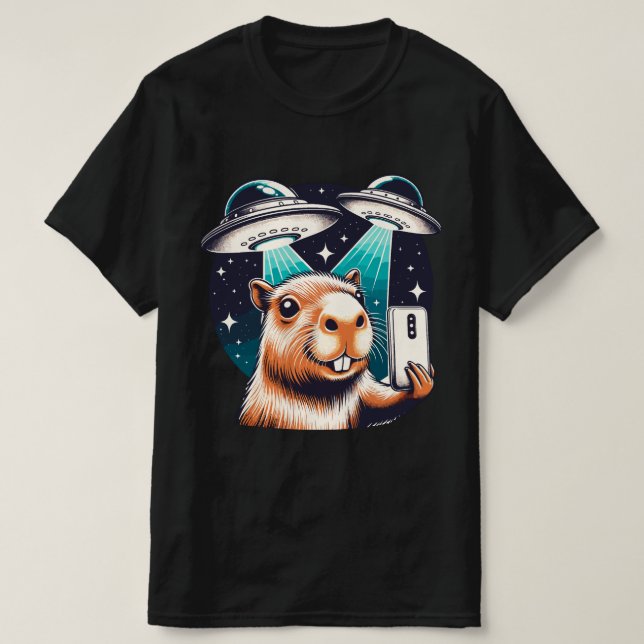 Camiseta Capybara Divertida, Selfie de Capybara con OVNIs (Diseño del anverso)