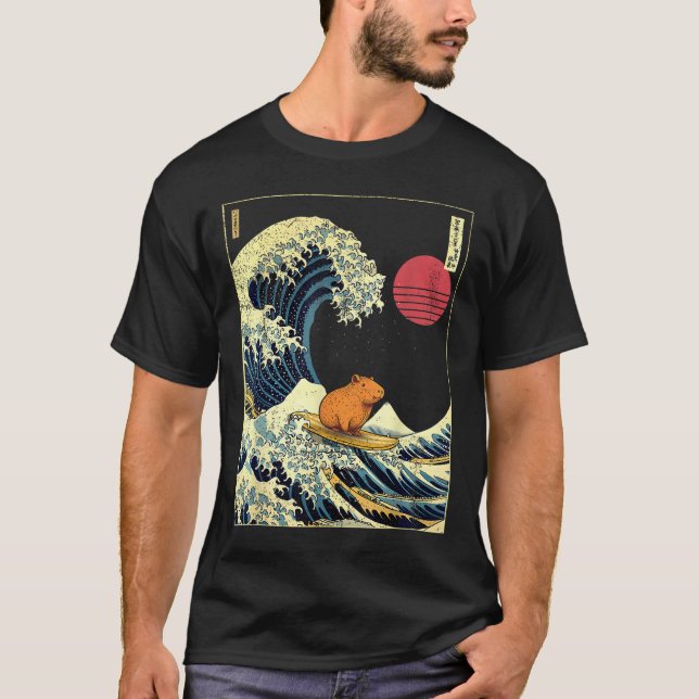 Camiseta Capybara Japanese Kanagawa Wave Funny Surf Animal  (Anverso)