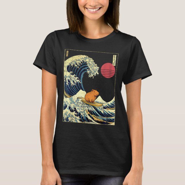 Camiseta Capybara Japanese Kanagawa Wave Funny Surf Animal  (Anverso)