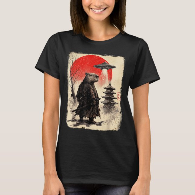 Camiseta Capybara Samurai Retro Ufo Japanese Warrior Tenshu (Anverso)