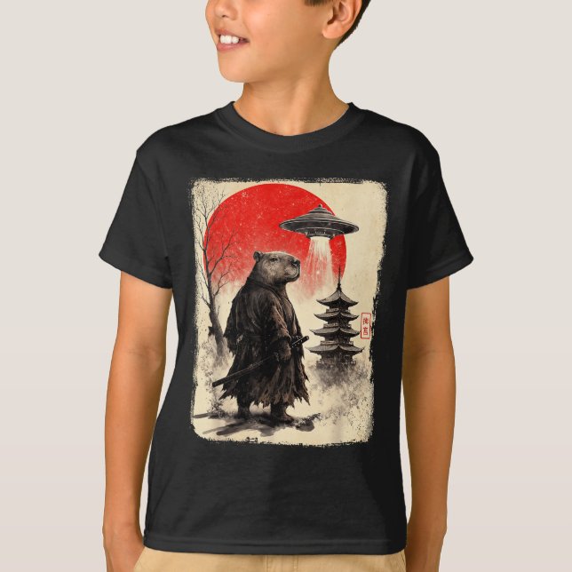 Camiseta Capybara Samurai Retro Ufo Japanese Warrior Tenshu (Anverso)