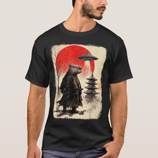 Camiseta Capybara Samurai Retro Ufo Japanese Warrior Tenshu (Anverso)