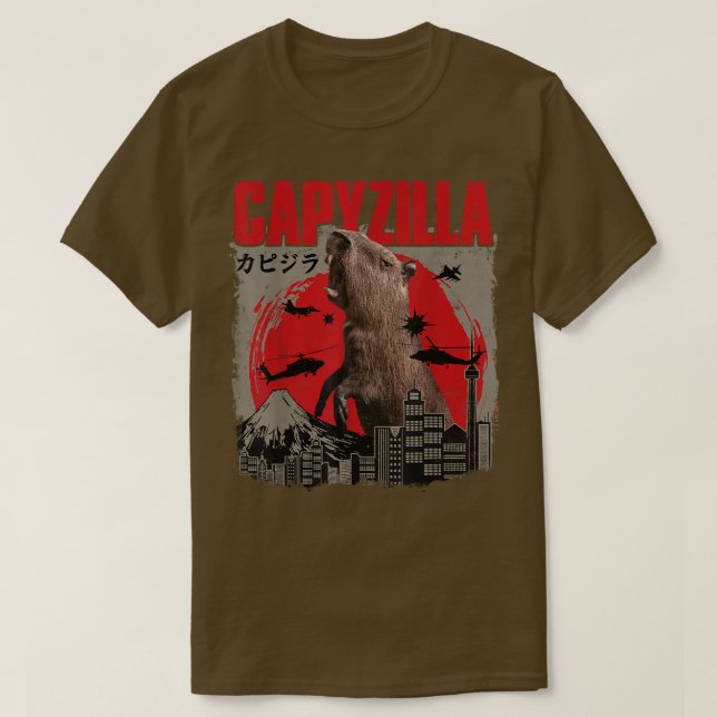 Camiseta Capyzilla Funny Cuidado Capybara Art Sunset japoné (Diseño del anverso)