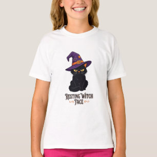 Camiseta Cara de Bruja Descansando Gato Negro Divertido Hal