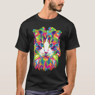 Camiseta Cara de Gato Colorida Estilo Impresionista Acuarel