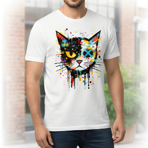 Camiseta Cara de Gato con Salpicaduras de Pintura Dinámica