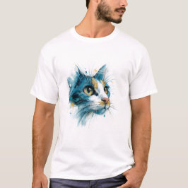 Camiseta Cara de gato de acuarela azul luminosa arte modern