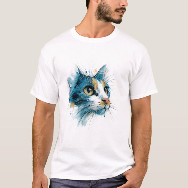 Camiseta Cara de gato de acuarela azul luminosa arte modern (Anverso)