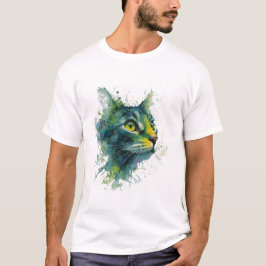 Camiseta Cara de gato de acuarela verde esmeralda arte mode