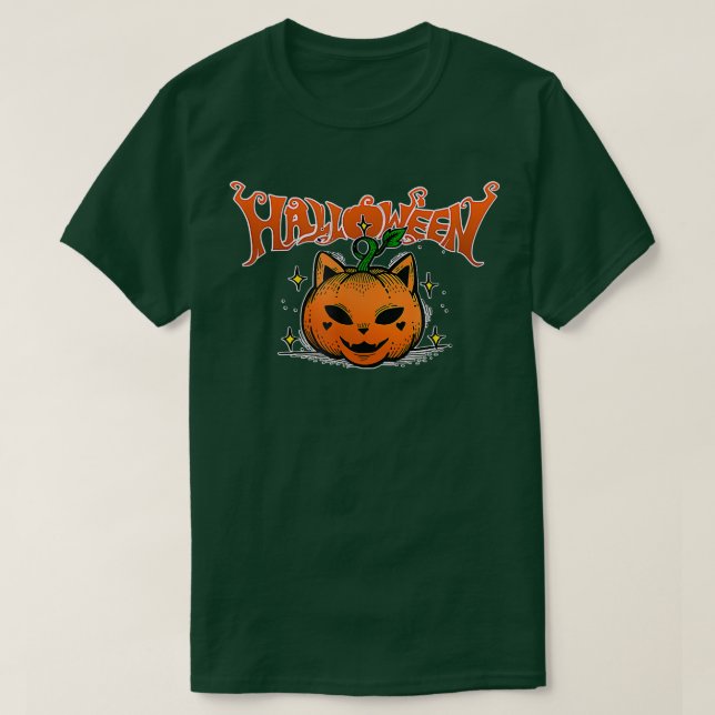 Camiseta Cara de gato de calabaza asustado Halloween (Diseño del anverso)