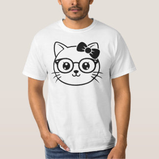 Camiseta Cara de gato kawaii con gafas y lazo en línea