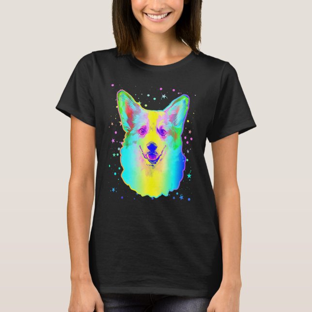 Camiseta Cara de perro Corgi lindo Arcoíris Espacio Negro (Anverso)