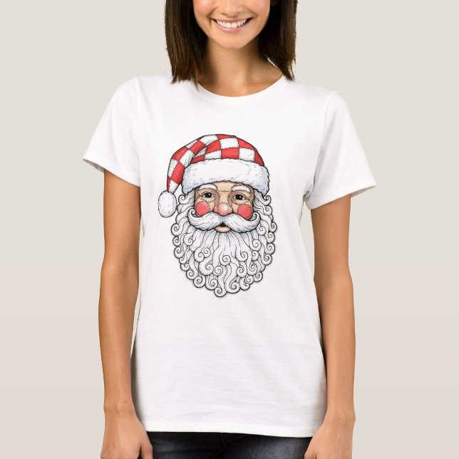 Camiseta Cara de Santa Patchwork Doodle Arte Estilo Pluma y (Anverso)