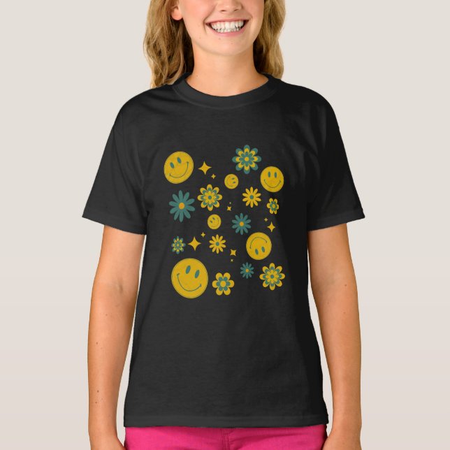 Camiseta cara de sonrisa divertida y flores ruidosas (Anverso)