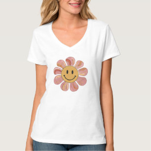 Camiseta Cara de sonrisa retro con flor groovy en tonos pas