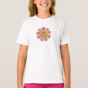 Camiseta Cara de sonrisa retro con flores groovy en pastele