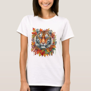 Camiseta Cara de Tigre Entre Hojas de Otoño