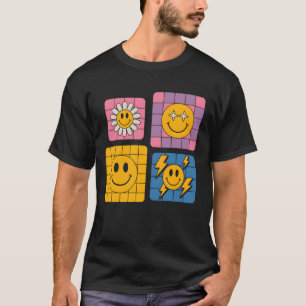 Camiseta Cara Feliz Sonriente en Patrón Retro a Cuadros Gro