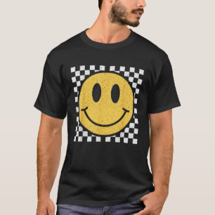 Camiseta Cara sonriente amarilla retro con patrón a cuadros