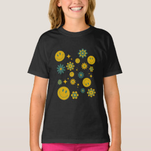 Camiseta cara sonriente divertida y flores maravillosas