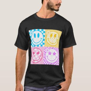 Camiseta Cara Sonriente Feliz Retro Patrón de Cuadros Vibra